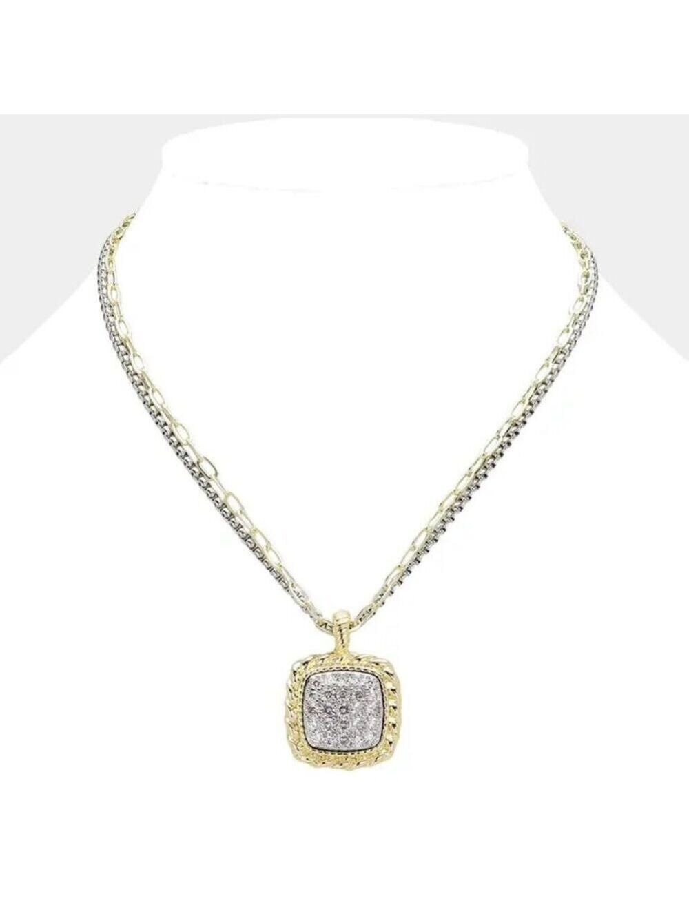 Stunning 14K Gold Plated CZ Stone Paved Square Pendant Necklace